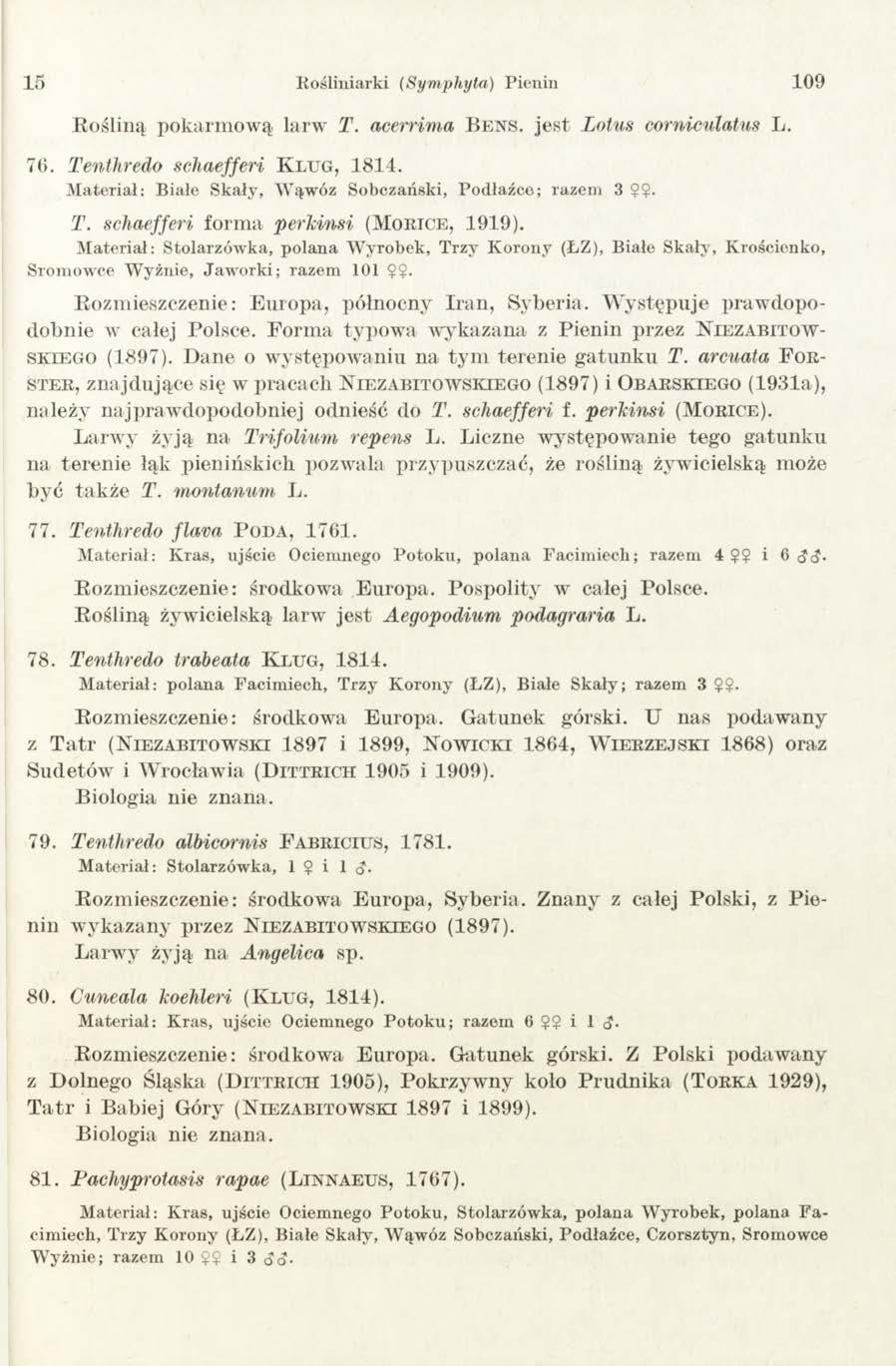 15 Rośliniarki (Symphyta) Pienin 109 R o ślin ą p o k a r m o w ą la rw T. acerrima B e n s, jest Lotus corniculatus L. 76. Tenthredo schaefferi K l u g, 1 814.