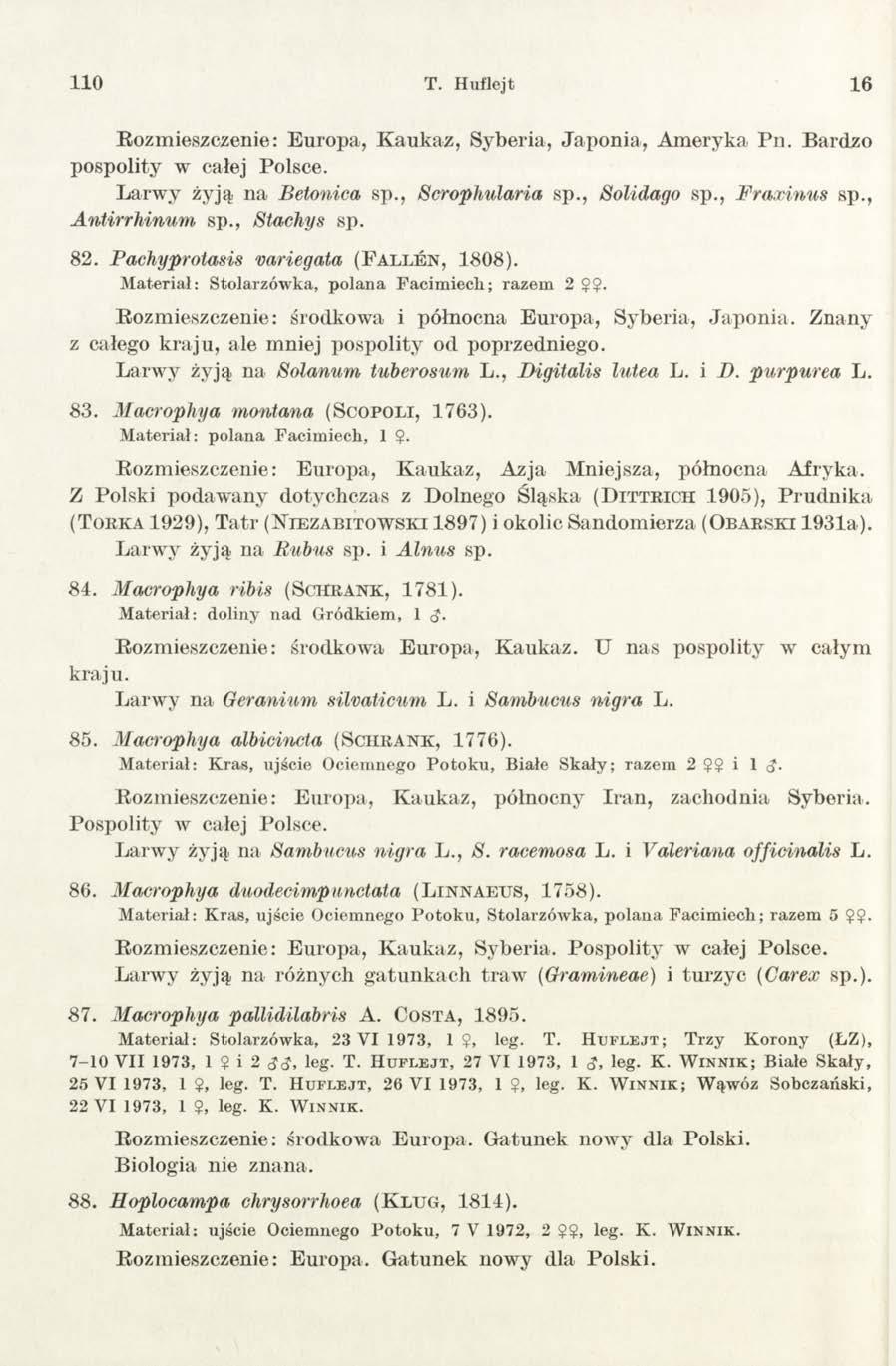 110 T. Huflejt 16 Rozmieszczenie: Europa, Kaukaz, Syberia, Japonia, Ameryka Pn. Bardzo pospolity w całej Polsce. Larwy żyją na Betonica sp., Scrophularia sp., Sol i dago sp., Fraxinus sp.