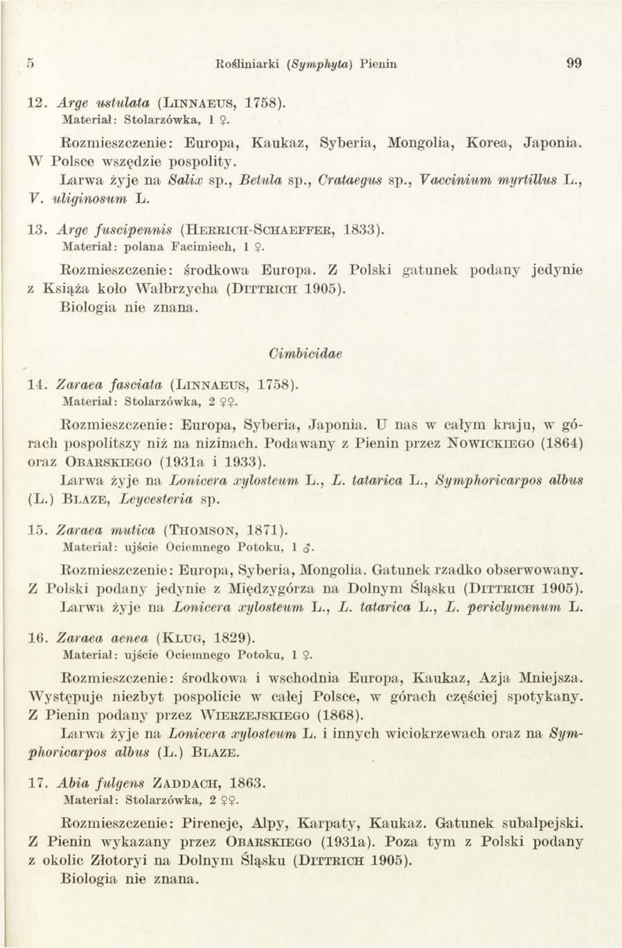 5 Rośliniarki (Symphyta) Pienin 99 12. Arge ustulata (L i n n a e u s, 1758). Materiał: Stolarzówka, 1 $. Eozmieszczenie: Europa, Kaukaz, Syberia, Mongolia, Korea, Japonia.
