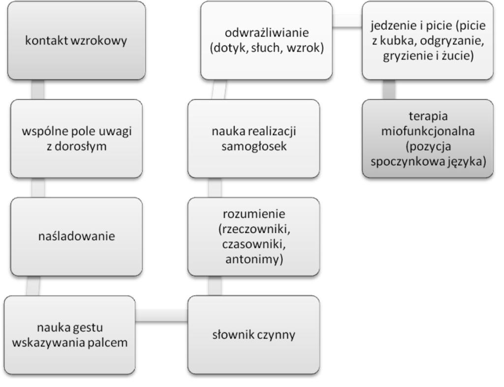 130 / Marzena Machoś-Nikodem ćwiczenia w budowaniu kontaktu wzrokowego, wspólnego pola uwagi, naukę gestu wskazywania palcem. Ważną rolę odgrywa również usprawnianie funkcji pokarmowych.