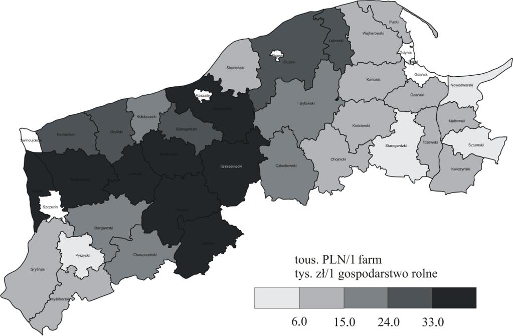 Fig. 7. Value of financial support for agri-environmental programs in the Pomorze region per farm (as at December 31, 2015) Source: own elaboration based on data from the Central Statistical Rys. 7. Wartość wsparcia finansowego na realizację programów rolnośrodowiskowych na Pomorzu w przeliczeniu na 1 gospodarstwo rolne (stan na 31.