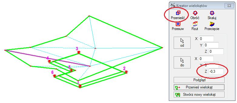 Wybierz przenieś w kreatorze wielokątów. Wpisz wartość -0,3 metra z Z-wartości "do".