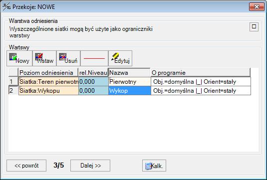 Ustawienia obliczanie dla poziomu (Krok 3) Sprawdź poprawnośdanych w wierszach wypełnionych przez ETieVe. W naszym przykładnie występują tylko dwa poziomy.