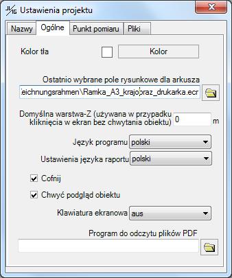 Ustawienia projektu (ogólne) Zmodyfikuj kolor tła widoku graficznego Określ ramę arkusza Poziom