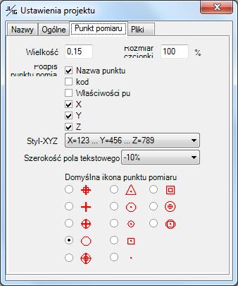 projektu (Punkty pomiarowe) Wielkość punktów pomiarowych i wielkość czcionki Jakie informacje