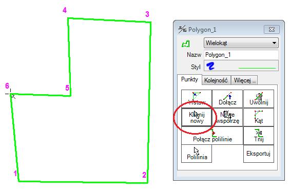 Stwórz nowy wielokąt W tym rozdziale stworzymy wielokąt, którego później będziemy używać jako rzutu budynku Wybierz funkcję 'Kliknij nowy' i kliknij punkt na widoku graficznym aby