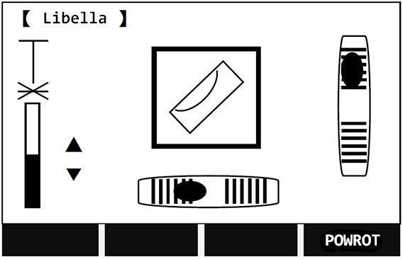 Libela elektroniczna Za pomocą tej funkcji wywołany zostaje ekran Libella. Wyświetlony zostaje obraz elektronicznej libeli, dzięki czemu można dokładnie spoziomować tachimetr.