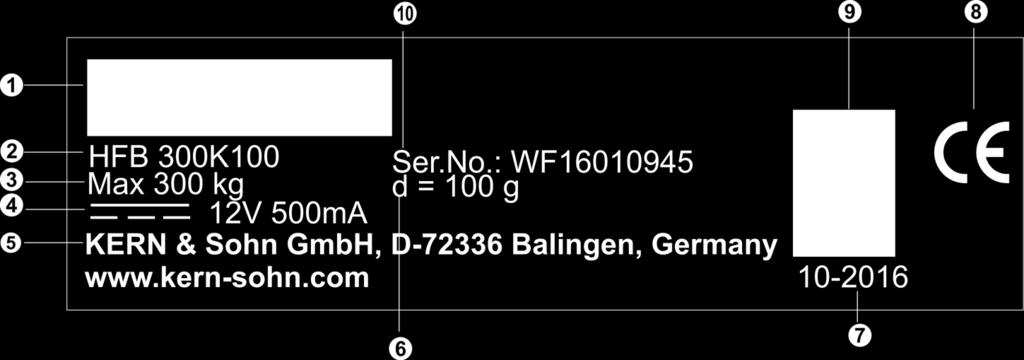 1.2 Tabliczka znamionowa 1 Logo firmy KERN 2 Nazwa modelu 3 Zakres ważenia [Max] 4 Dane zasilania elektrycznego 5