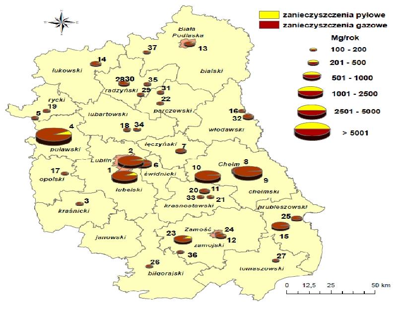 POWIETRZE 1 Elektrociepłownia Lublin-Wrotków Sp. z o.o. FTK Fermentownia Tytoniu w Krasnymstawie MEGATEM EC-LUBLIN Sp. z o.o. 1 Cersanit Krasnystaw 3 Veolia Wschód Sp. z o.o. w Kraśniku Zakład Usług Komunalnych Parczew 4 Zakłady Azotowe "PUŁAWY" S.