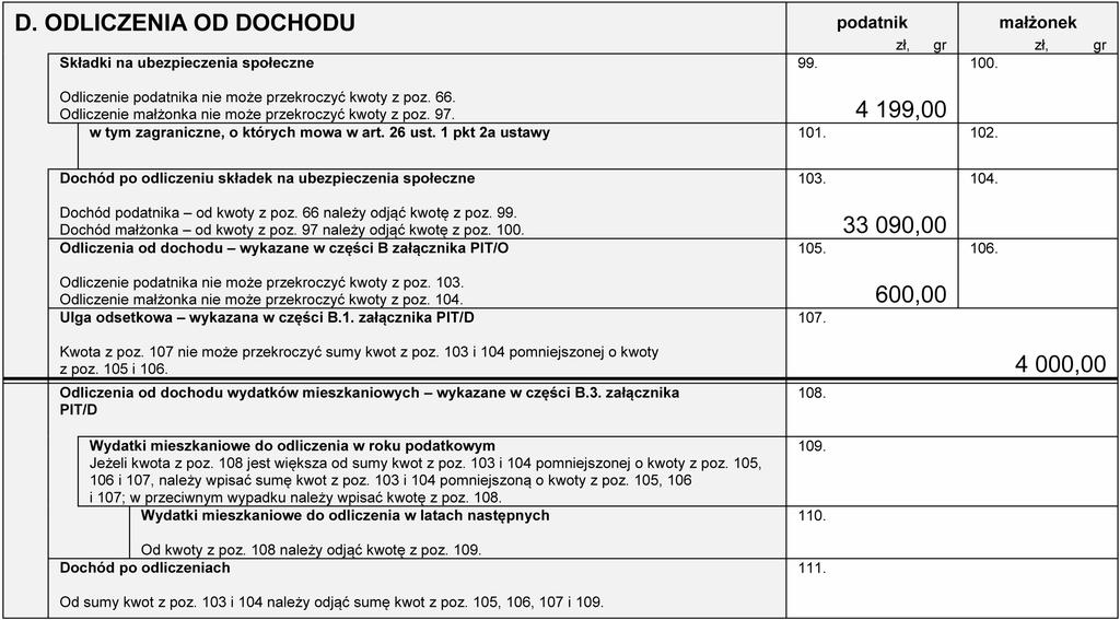 Zadanie 30. Fragment zeznania podatkowego PIT-37 Na podstawie zamieszczonego fragmentu zeznania podatkowego PIT-37 oblicz kwotę dochodu po odliczeniach (poz. 111).