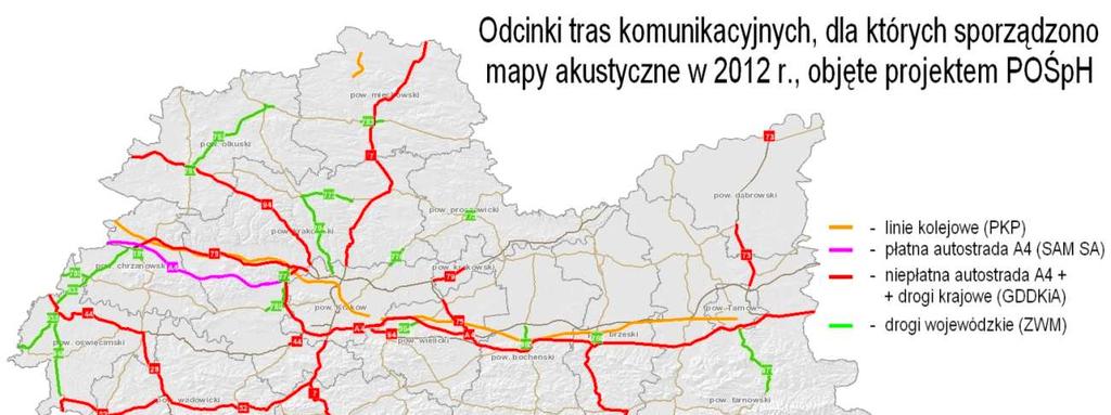 Rysunek 6. Odcinki dróg i linii kolejowych objętych mapami akustycznymi [źródło: miip.geomalopolska.pl]. 3.
