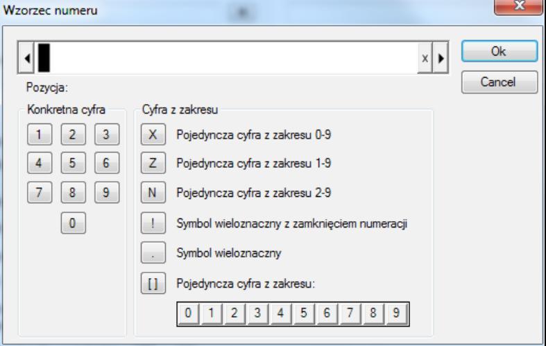 We wzorcach oprócz cyfr z obszaru Konkretna cyfra można stosowad następujące symbole wieloznaczne: X dopasowuje każdą cyfrę od 0 do 9 Z dopasowuje każdą cyfrę od