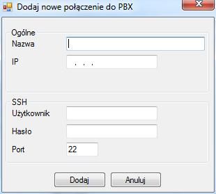 Pierwsze połączenie z PBX Nawiązanie pierwszego połączenia z PBX wymaga skonfigurowania tego połączenia w oknie Dodaj nowe połączenie (rys. 5).