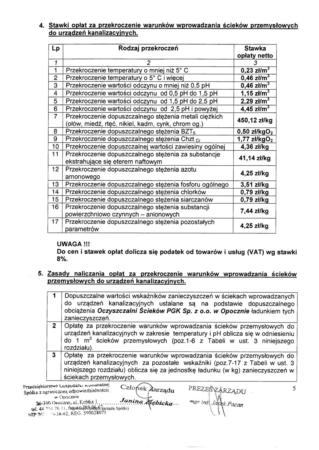 4. Stawki opłat za przekroczenie warunków wprowadzania ścieków przemysłowych do urządzeń kanalizacyjnych.