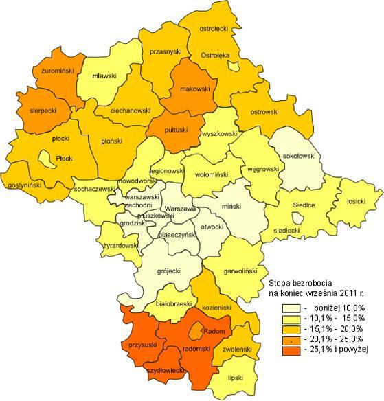 W odniesieniu do rześnia 2010 r. stopa bezrobocia dla ojeództa zrosła o 0,6 punktu procentoego ( kraju zrost o 0,3 punktu procentoego).