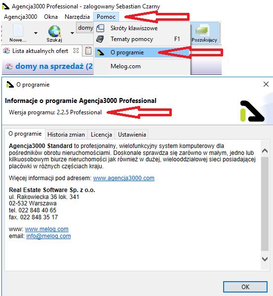 1. Sprawdzamy wersje programów 1.1. Sprawdzamy wersję Agencja3000 Wersję programu Agencja3000 możemy sprawdzić klikając w Pomoc => O programie