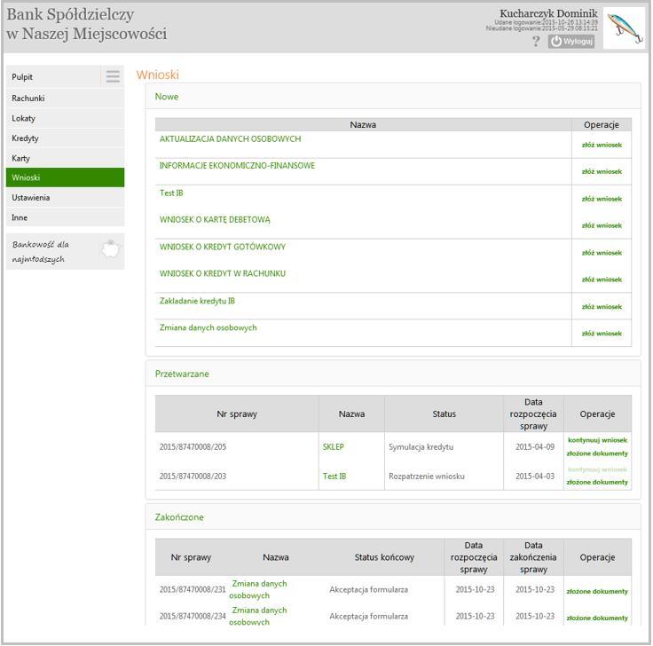WNIOSKI W oknie wyświetlane są tylko te wnioski, które bank udostępnił swoim klientom posiadającym dostęp do serwisu Internet Banking.