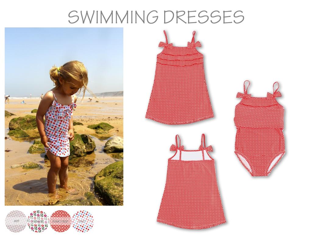 SWIMMING DRESSES Sukienka plażowo-kąpielowa na ramiączkach z ozdobnymi kokardkami i falbankami, to połączenie właściwości kostiumu kąpielowego z sukienką.