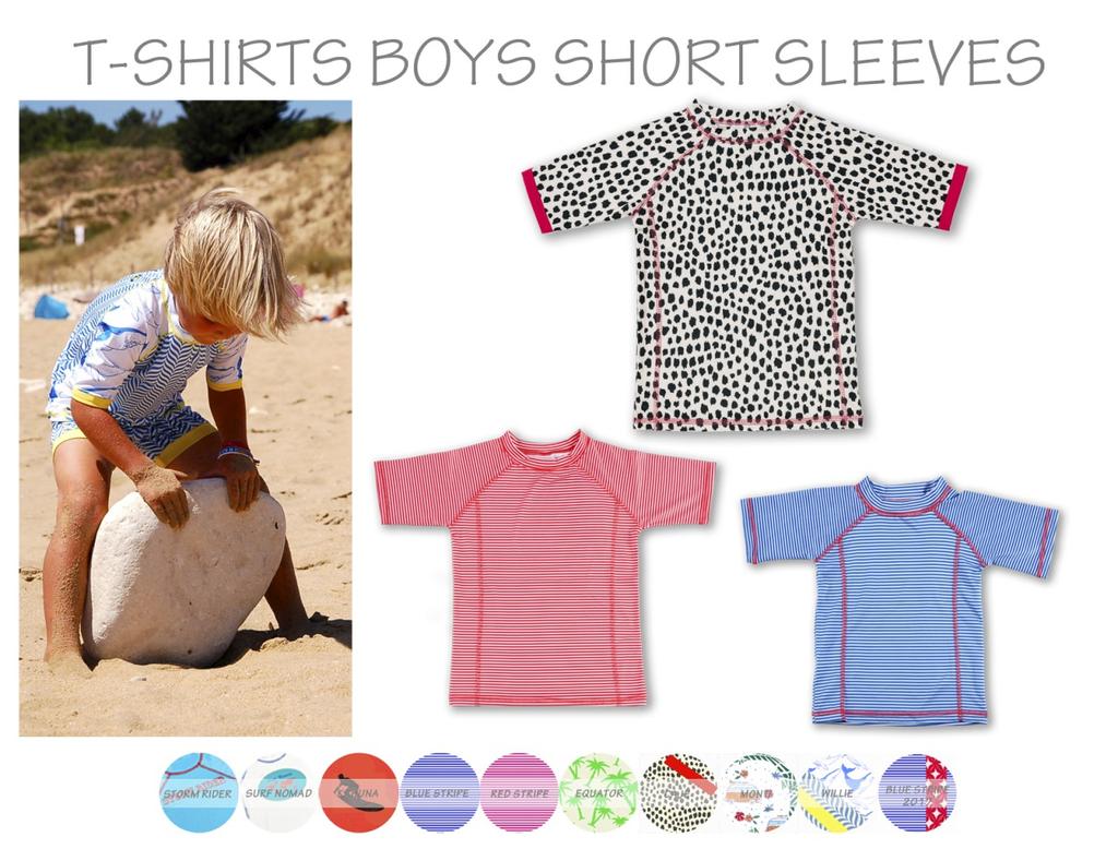 T-SHIRTS BOYS SHORT SLEEVES Szybkoschnący plażowo-kąpielowy t-shirt chłopięcy z krótkim rękawem w oryginalnym kolorze i wzorze marki Ducksday.