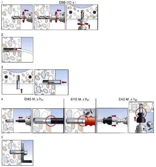 Strona 12 Europejskiej Oceny Technicznej Instrukcja montażu Nr Opis 1 Wykonać otwór. 2 Oczyścić otwór. 3 Osadzić kotwę, aż będzie licować się z powierzchnią betonu.