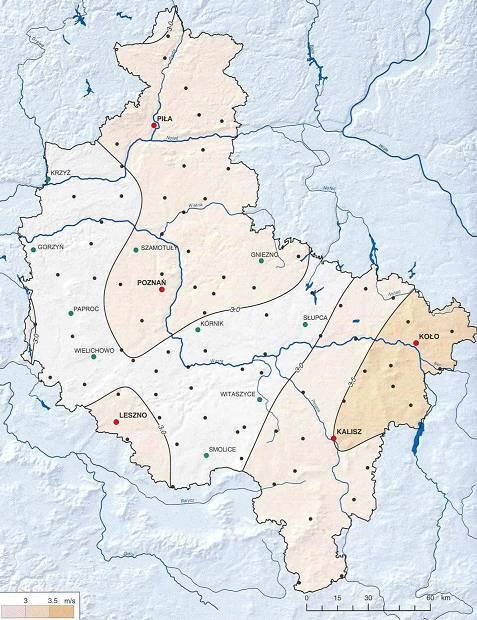 Rysunek 13. Energia wiatru w m/s na wysokości 100 m nad poziomem gruntu w województwie Wielkopolskim Źródło: www.waze.pl Tabela 32.