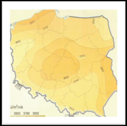 całkowitego padającego na jednostkę powierzchni poziomej na obszarze Gminy wynoszą 3 700-3 800 MJ/m 2, zaś roczna liczba godzin czasu promieniowania słonecznego wynosi 1