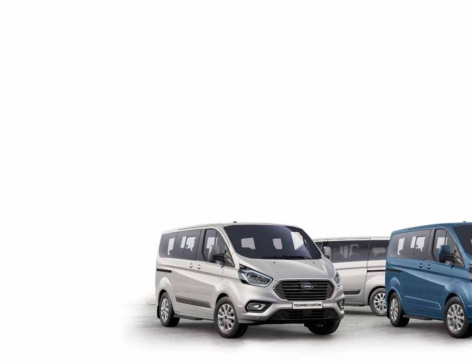 NOWY FORD TOURNEO CUSTOM Wybrane wyposażenie standardowe Trend Główne zewnętrzne elementy pojazdu 16 aluminiowe obręcze kół Halogenowe reflektory projektorowe ze światłami do jazdy dziennej LED