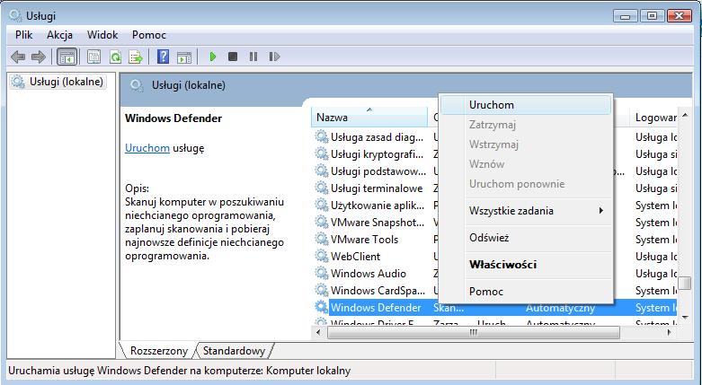 Kliknij prawym przyciskiem myszy na Usługa Windows Defender Kliknij przycisk Start, aby uruchomić usługę Uruchom usługę Windows