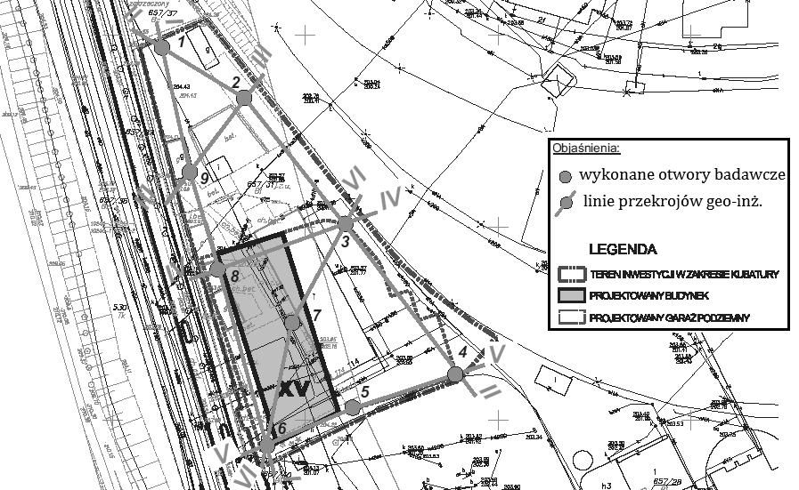 Wpływ wykonania głębokiego wykopu pod budynek wysoki Mogilska Tower 257 Rys. 3. Plan zagospodarowania trenu z zaznaczonymi strefami wpływu głębokiego wykopu, opracowanie własne na podstawie [7] Fig.