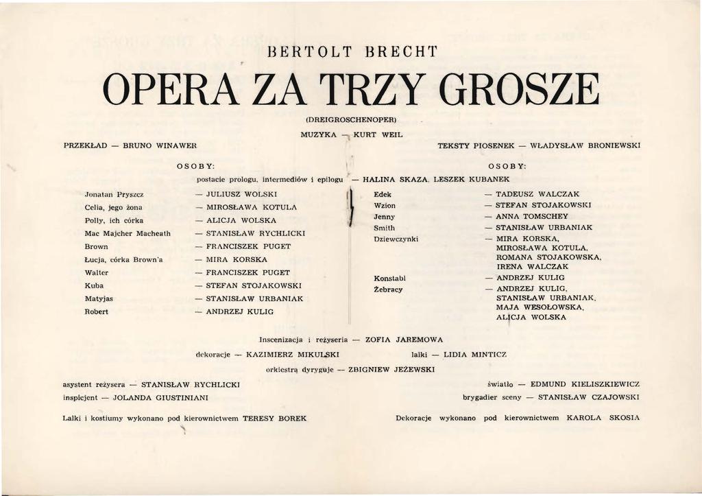 BERTOLT BRECHT OPERA ZA TRZY GROSZE (DREIGROSCHENOPER) MUZYKA - KURT WEIL PRZJo;KŁAD - BRUNO WINAWlm TEKSTY PIOSENEK - WŁADYSŁAW BHONIEWSKI OSOBY: OSOBY: po:;tacie prologu.