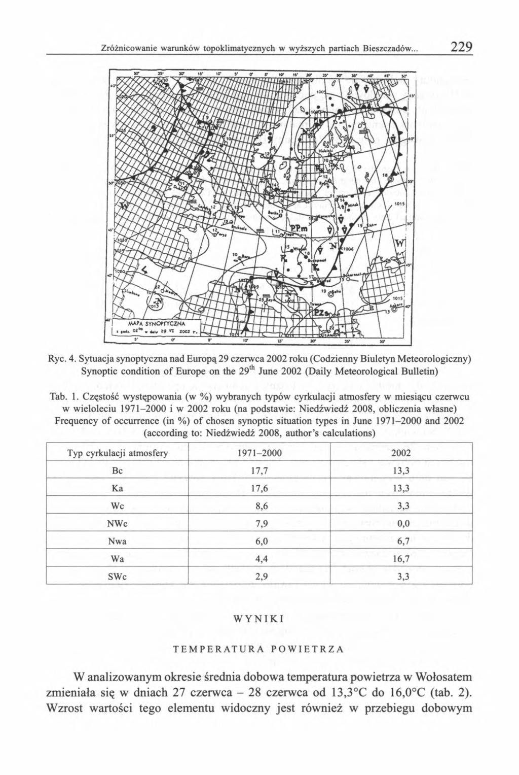 Ryc. 4. Sytuacja synoptyczna nad Europą 29 czerwca 2002 roku (Codzienny Biuletyn Meteorologiczny) Synoptic condition of Europe on the 29th June 2002 (Daily Meteorological Bulletin) Tab. 1.