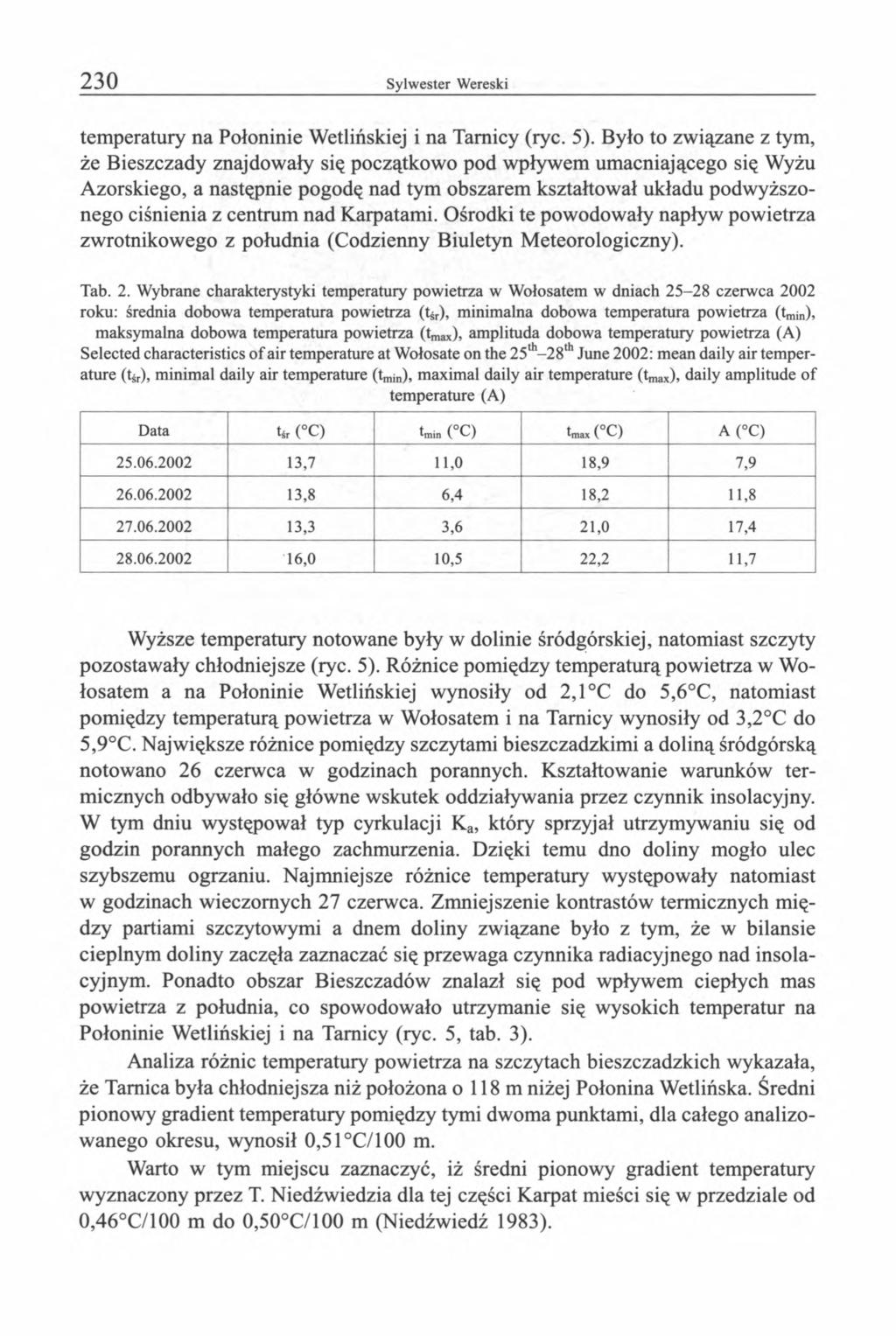 temperatury na Połoninie Wetlińskiej i na Tamicy (ryc. 5).