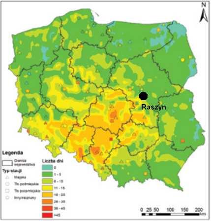 Green Key Program Ochrony Środowiska dla Gminy Raszyn Ryc. 30. Liczba dni z przekroczeniami 8-godzinnej średniej kroczącej stężenia ozonu przekraczającej poziom docelowy (120 µg/m 3 ) w 2012 r.