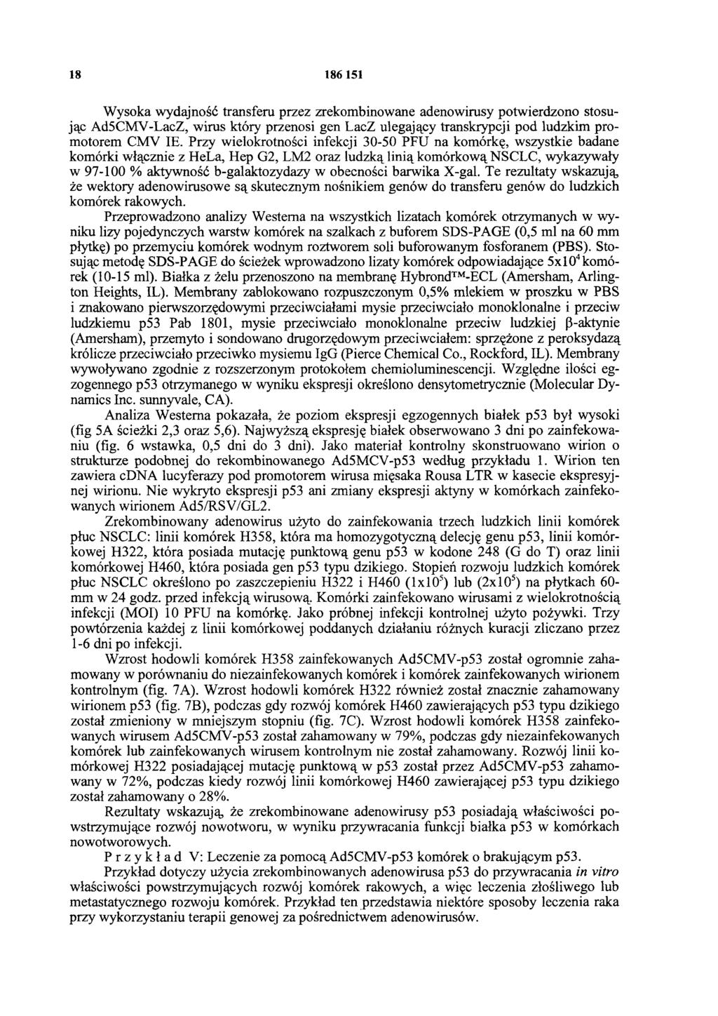 18 186 151 Wysoka wydajność transferu przez zrekombinowane adenowirusy potwierdzono stosując Ad5CMV-LacZ, wirus który przenosi gen LacZ ulegający transkrypcji pod ludzkim promotorem CMV IE.