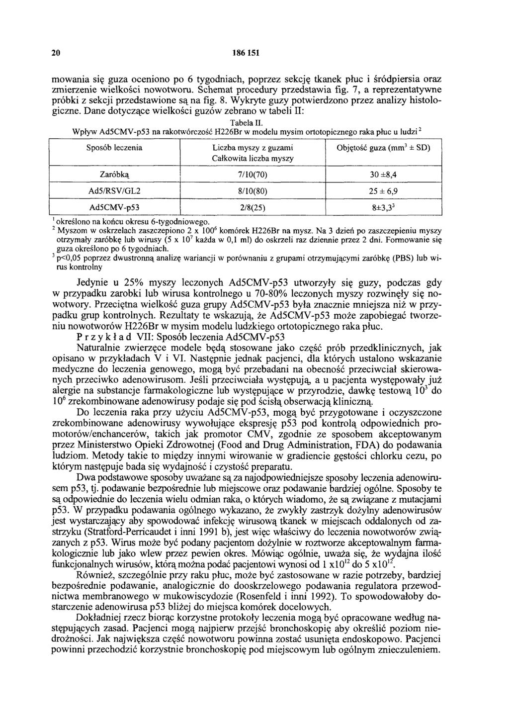 20 186 151 mowania się guza oceniono po 6 tygodniach, poprzez sekcję tkanek płuc i śródpiersia oraz zmierzenie wielkości nowotworu. Schemat procedury przedstawia fig.