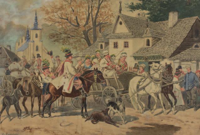 Kajetan KOSIńSKI (1847-1935) wesele KRAKowsKie Akwarela, papier, 32,5 x 48 cm, sygn. l.d.: K. Kosiński 4.500,- studia w Akademii w wiedniu w latach 1866-1869.