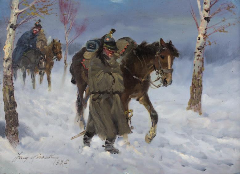26. jerzy KOSSAK (1886-1955) odwrót spod moskwy olej, sklejka, 28 x 39 cm, sygn. p.d.: jerzy Kossak 1936 14.