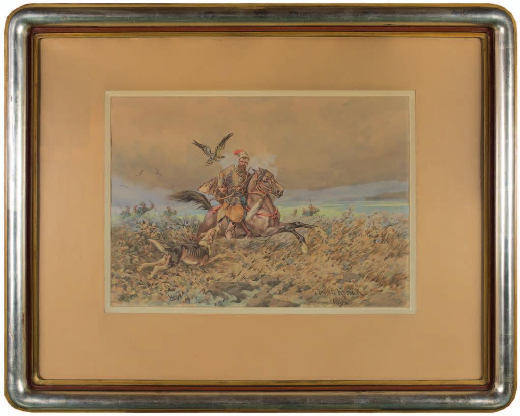 37. juliusz KOSSAK (1824-1899) KozAK z ogarem i sokołem Akwarela, papier, 40,4 x 57,3 cm w świetle passe-partout, sygn. i dat. p.d.: juliusz Kossak /1899.
