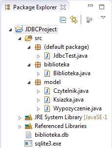 Schemat aplikacji w eclipse powinien wyglądać następująco: Działanie aplikacji jest następujące: Tworzymy Bibliotekę (a w niej połączenie z bazą danych) Wstawiamy trzech czytelników oraz trzy książki