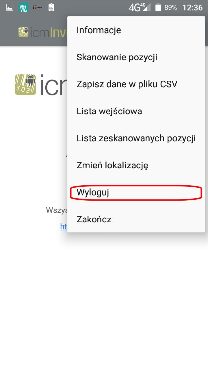 Zmiana osoby wykonującej inwentaryzację. Jeżeli w trakcie spiu konieczna jest zmiana osoby wykonującej spis należy wejść do Menu (prawy górny róg) i wybrać opcję Wyloguj.