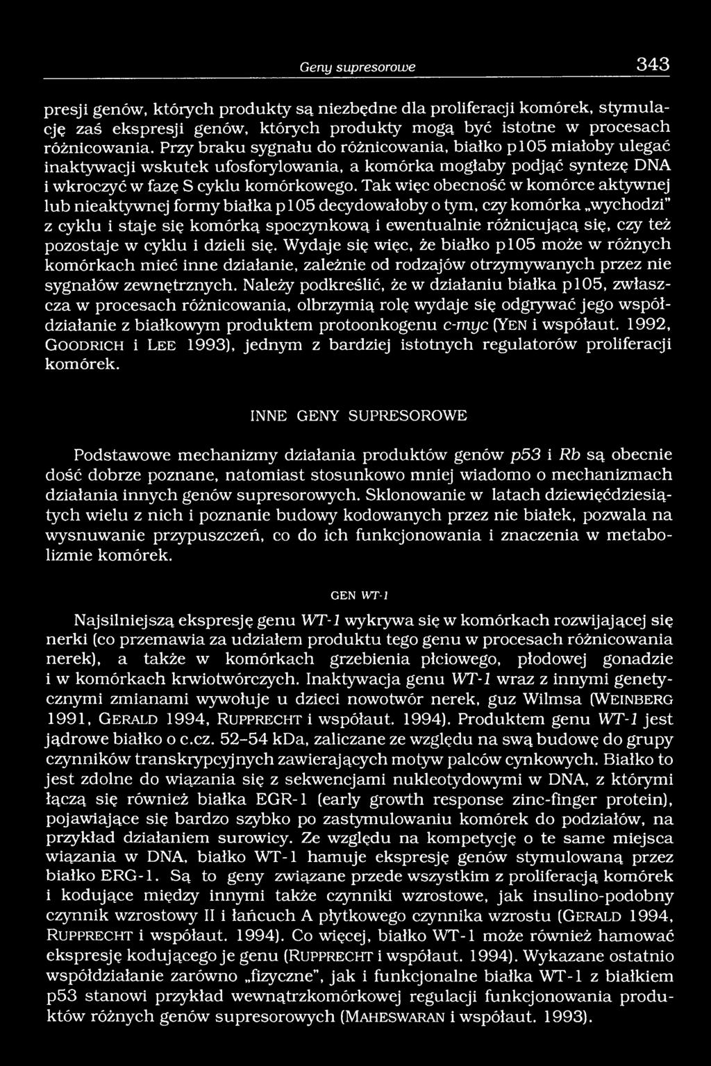 Tak więc obecność w komórce aktywnej lub nieaktywnej formy białka p 105 decydowałoby o tym, czy komórka wychodzi z cyklu i staje się komórką spoczynkową i ewentualnie różnicującą się, czy też