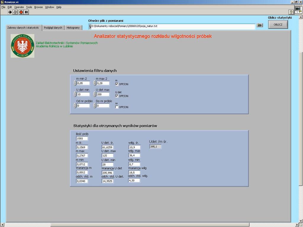 Piotr Makarski Rys. 3. Fig. 3. Program do analizy matematycznej wyników pomiarów.