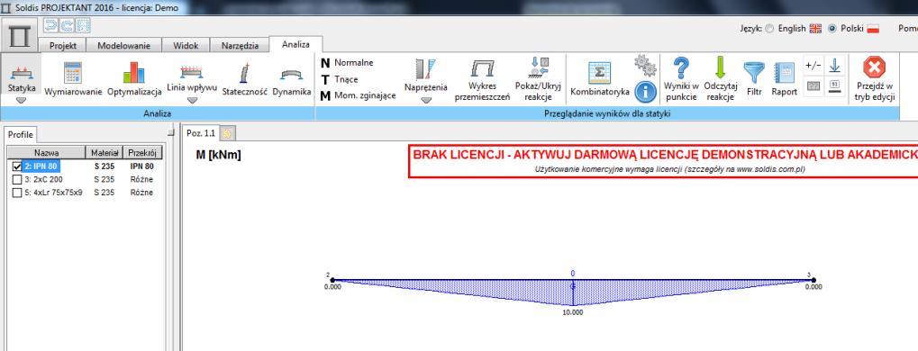 Statyka Po wybraniu opcji Statyka z menu na górze możemy wybrać, jaki wykres chcemy narysować: -Normalne,