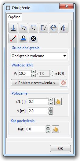 Zadawanie obciążeń Aby dodać obciążenie klikamy na pręt. Pojawia się menu, z którego wybieramy przycisk z siłą skupioną. Następnie pojawi się okienko z ustawieniami.