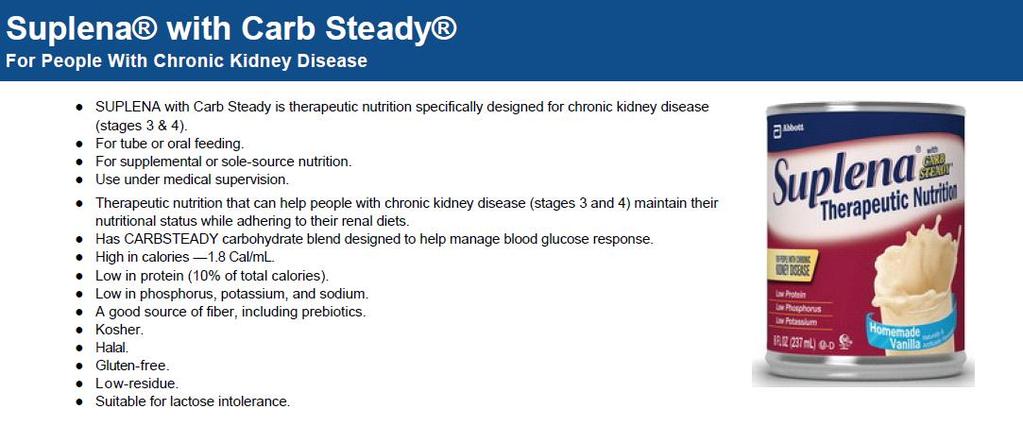 SUPLENA proszek (ABBOTT) SUPLENA WITH CARBSTEADY is therapeutic nutrition specifically designed for people with Stage 3/4 chronic kidney disease, or