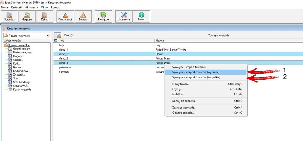 Eksport towarów z Symfonii do sklepu internetowego. Uwaga: towary zakładane przez program SymSync posiadają domyślnie status Nieaktywny.