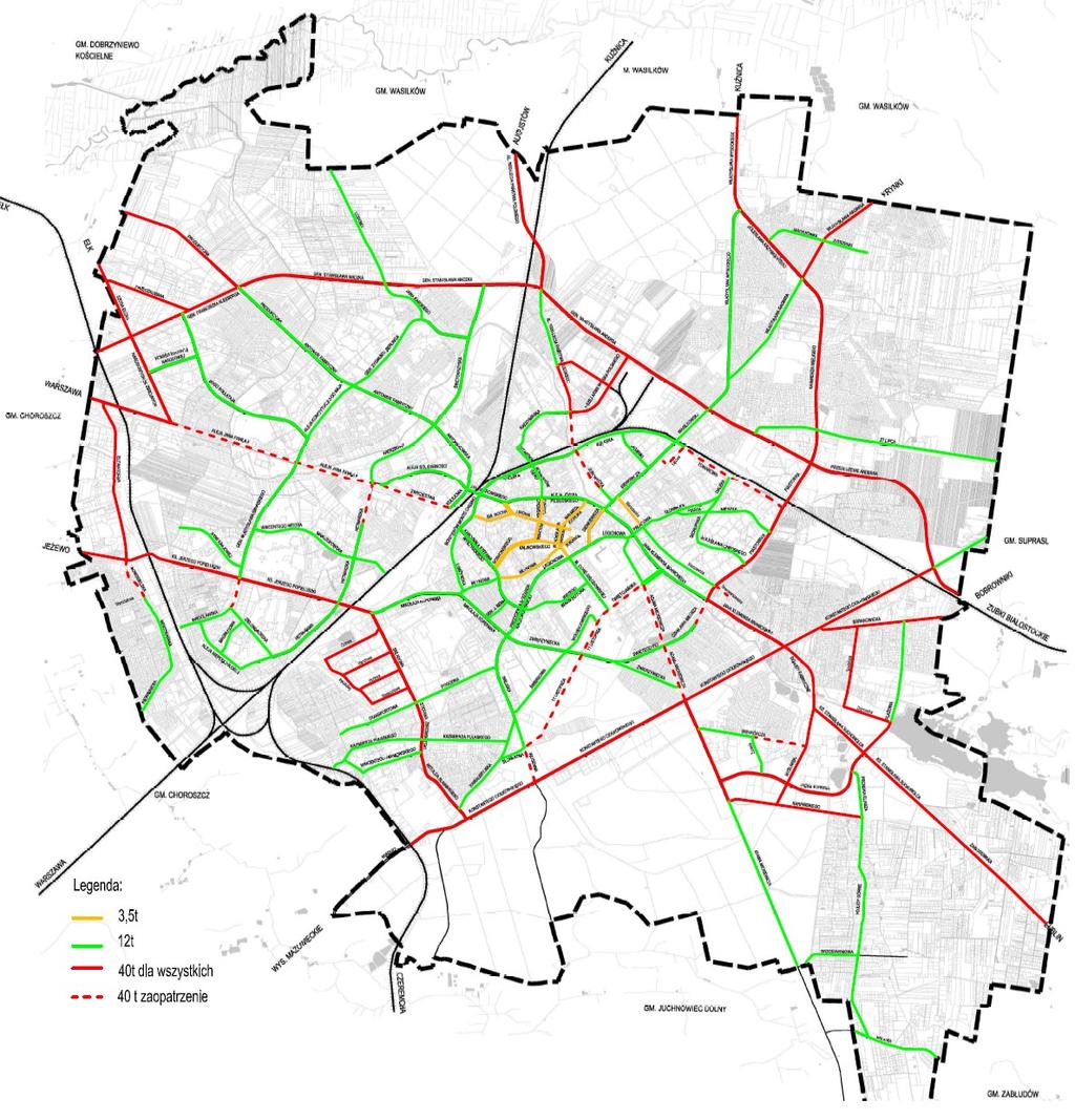 Rysunek 1 7. Plan ograniczeń poruszania się pojazdów ciężarowych na terenie miasta Białystok (opracowanie własne UM Białystok). 1.5.1.7. ROZBUDOWA UKŁADU DROGOWEGO MIASTA Rozbudowa układu drogowego miasta może spowodować zmianę natężenia i struktury ruchu samochodowego na niektórych ulicach Białegostoku.