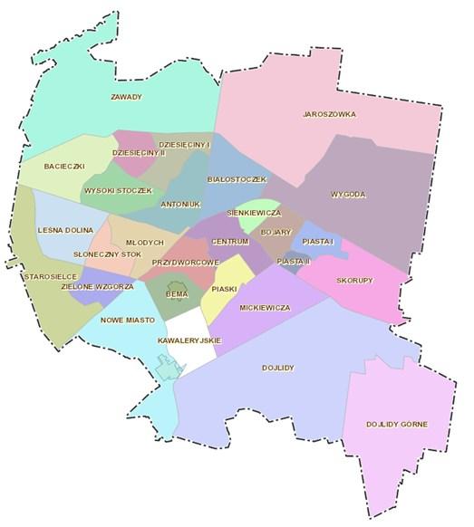 1.2.1.1. SIEĆ DROGOWA Rys. 1 1. Podział administracyjny miasta Białystok [31] Miasto Białystok jest największym węzłem komunikacyjnym Polski północno wschodniej.