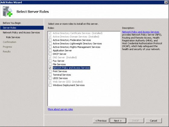 W oknie informacyjnym przejść dalej i wybrać Select the Domain Controller, kliknąć Enroll. Za działanie serwera Radius w Windows 2008 odpowiedzialna jest usługa Network Policy and Access Services.