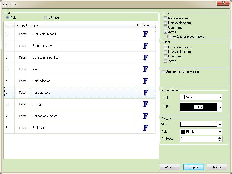 Kolor W poszczególnych stanach można zmienić opis i określić odpowiadający im kolor Opisy: Nazwa integracji po zaznaczeniu tej opcji na szablonie zostanie wyświetlona nazwa integracji Nazwa elementu